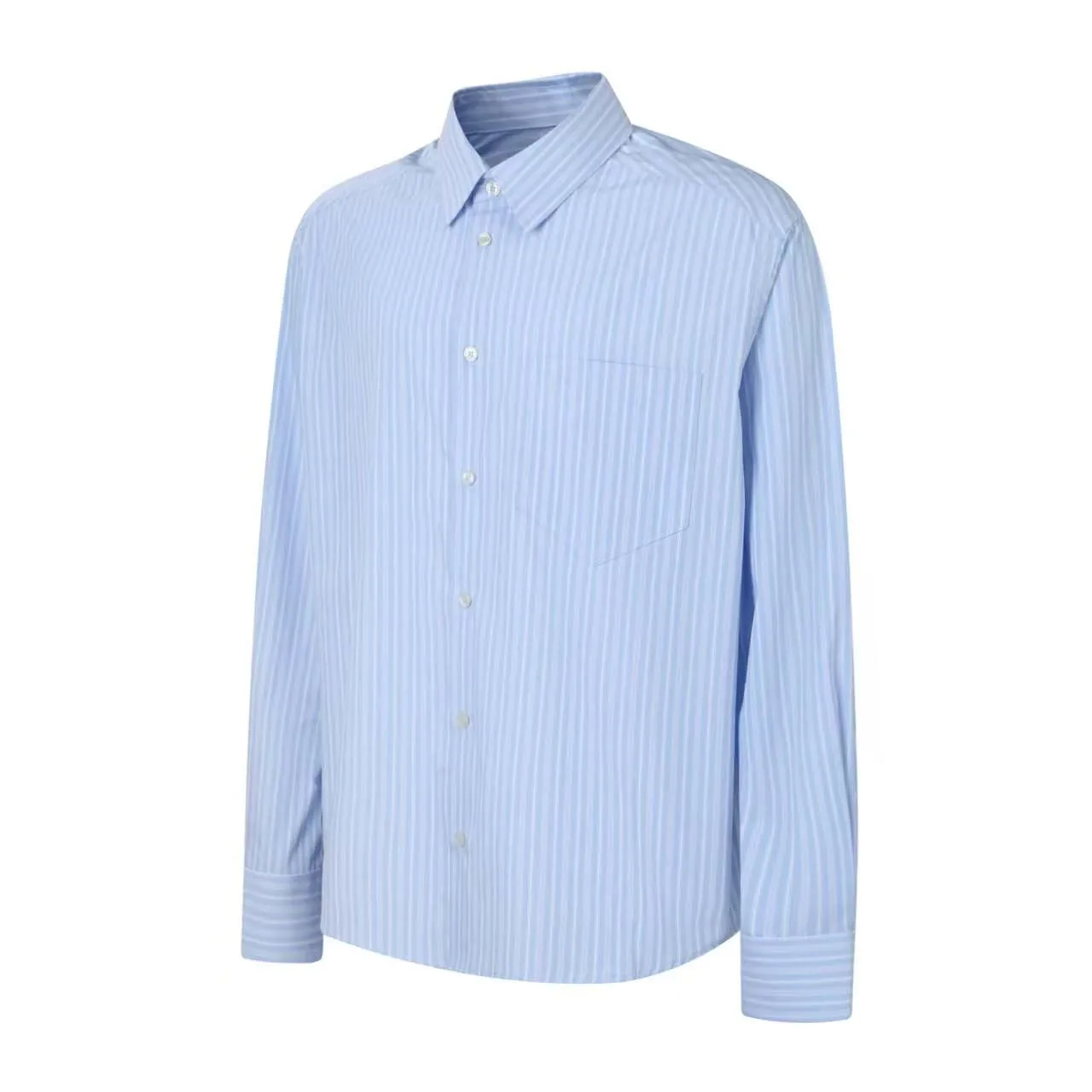 AMI Embroidered Striped Shirt Fabric Selection: Made of 100% cotton poplin fabric. The pure cotton fiber can quickly absorb moisture and perspire, making it refreshing and not stuffy when worn for a long time. The unique plain weave process of poplin makes the fabric both soft and skeletal, not easy to wrinkle and deform, and the upper body is neat and clean. Coupled with the fine blue and white stripes all over the body, the light color scheme is gentle and elegant, which can meet the needs of different scenes. Process 1: Accurately mark the embroidery position on the chest patch pocket to ensure that the pattern does not shift and does not destroy the overall beauty of the striped fabric. High-count embroidery threads of the same color as the fabric are selected, and flat stitch embroidery technology is used. The stitches are evenly tracked, the edges are clean and neat, and the love outline is simple and smooth. It retains recognition without irritating the skin. It is blended into the striped texture in a low-key manner to avoid an abrupt feeling, while ensuring that the embroidery threads are Wear-Resistant. 2: After the embroidery is completed, perform high-temperature ironing and thread trimming to ensure that the pattern is smooth and compliant, and it is not easy to lose thread or warp after being worn for a long time. Details: 1. The collar seat adopts double-layer reinforcement technology, which is not easy to collapse and deform after long-term wear. The collar corner has a soft arc, which can modify the neck line without being too sharp, making it neat and decent. 2. The inner side of the placket has hidden hemming treatment to avoid burrs on the fabric, while enhancing structural stability and preventing it from deforming after multiple washes. Accessories: One-to-one customized buttons Size: S M L XL Style number: D 236